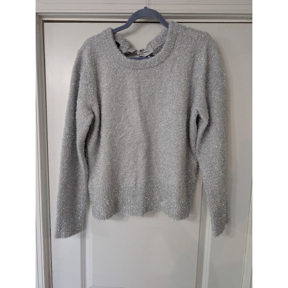 Talbots Womens Silver‎ Metallic Eyelash Knit Sweater Keyhole Back Tie large NEW